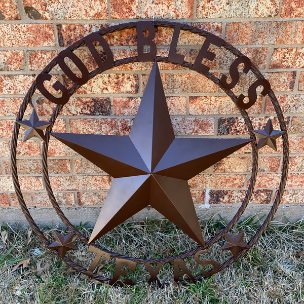 #EH11085 GOD BLESS TEXAS BROWN BARN STAR METAL LONE STAR TWISTED ROPE RING WESTERN HOME DECOR HANDMADE NEW