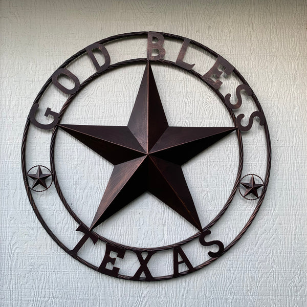 #EH10197 GOD BLESS TEXAS BARN STAR METAL LONESTAR TWISTED ROPE RING WESTERN HOME DECOR HANDMADE NEW