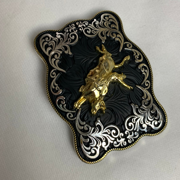 4.5" X 3.5" RODEO BELT BUCKLE BLACK SILVER & GOLD WESTERN BUCKLE FASHION ART NEW #EH12269