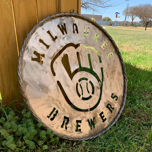 24" MILWAUKEE BREWERS RAW METAL WIDE BAND DISC STYLE CUSTOM METAL VINTAGE CRAFT TEAM SIGN HANDMADE