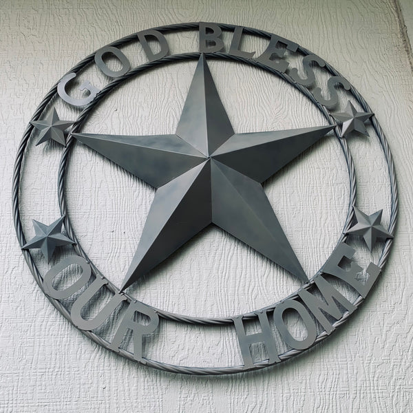 36" GOD BLESS OUR HOME RUSTIC BEIGE BARN METAL STAR ROPE RING WALL ART WESTERN HOME DECOR--FREE SHIPPING