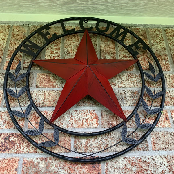 24" WELCOME LEAF LEAVES STAR METAL WALL ART WESTERN HOME DECOR RUSTIC RED HANDMADE