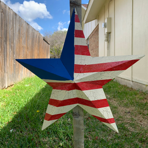 CRACKLE STAR RED WHITE BLUE Metal Wall Art Western Home Decor Handmade 9",12",16",24",30",34",36"