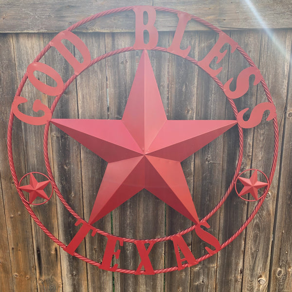 24",32",40",50" BURGUNDY RED GOD BLESS TEXAS BARN STAR ROPE RING METAL WALL ART WESTERN HOME DECOR NEW