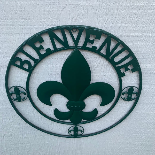24", 32" GLOSSY HUNTER GREEN FLEUR DE LIS BIENVENUE METAL WALL ART WESTERN HOME DECOR