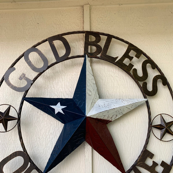 24", 32", 40" GOD BLESS OUR HOME LICENSE PLATE BARN METAL STAR ROPE RING WALL ART WESTERN HOME DECOR RED WHITE & BLUE
