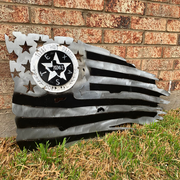 TEXAS HIGHWAY PATROL TATTERED FLAG WITH BADGE# CUSTOM METAL VINTAGE CRAFT ART WESTERN HOME DECOR