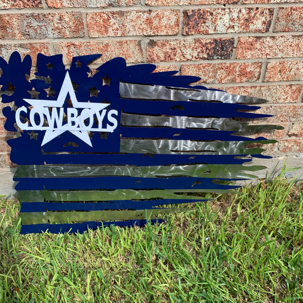DALLAS COWBOYS METAL TATTERED FLAG NAVY BLUE, WHITE & SILVER CUSTOM VINTAGE CRAFT TEAM SIGN HANDMADE