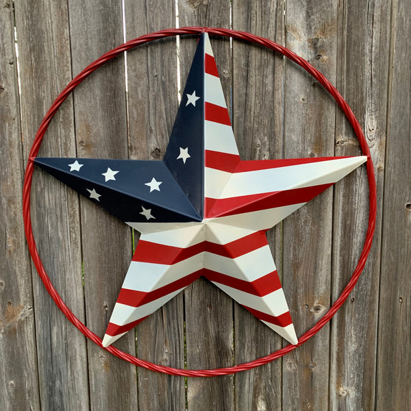 AMERICAN Flag USA Metal Barn Star RED, WHITE & BLUE WITH RED Rope Ring Western Home Decor Handmade 12",16",24",30",34",36",40",48"