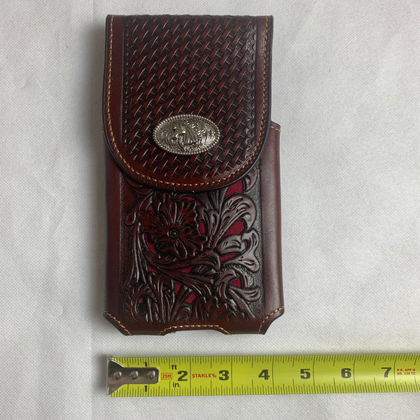 #LG2004  7.5" HORSE COFFEE BROWN & RED LEATHER POUCH EXTRA LARGE  BELT LOOP HOLSTER CELL PHONE CASE UNIVERSAL OVERSIZE