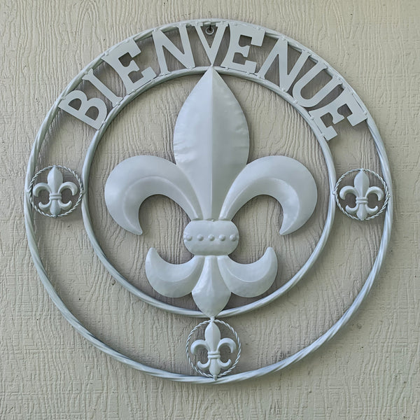 24", 32" GLOSS WHITE FLEUR DE LIS BIENVENUE METAL WALL ART WESTERN HOME DECOR