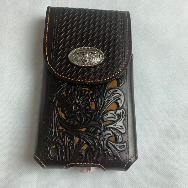 #LG2002 7.5" LONGHORN COFFEE BROWN & BEIGE  LEATHER POUCH EXTRA LARGE  BELT LOOP HOLSTER CELL PHONE CASE UNIVERSAL OVERSIZE