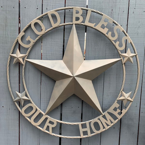 36" GOD BLESS OUR HOME RUSTIC BEIGE BARN METAL STAR ROPE RING WALL ART WESTERN HOME DECOR--FREE SHIPPING