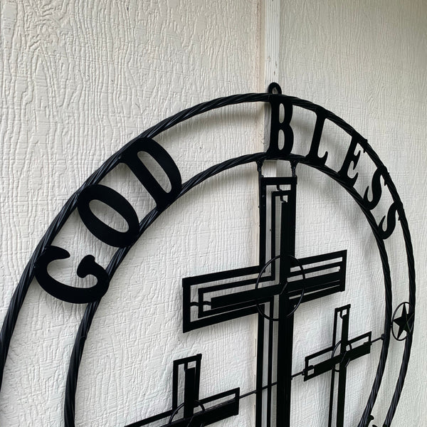 40"GOD BLESS OUR HOME CRUCIFIX CROSS METAL WALL ART BLACK HANDMADE NEW