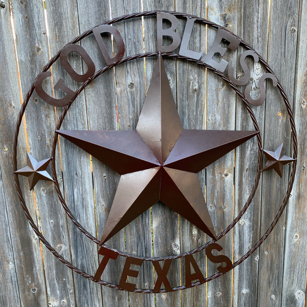 #EH11085 GOD BLESS TEXAS BROWN BARN STAR METAL LONE STAR TWISTED ROPE RING WESTERN HOME DECOR HANDMADE NEW
