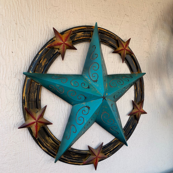 #RT5045 TURQUOISE CARVED CUT STAR 26",36", BARN METAL WESTERN HOME DECOR HANDMADE NEW