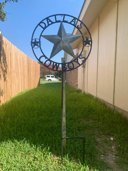 24" STAR & 34" STAKE DALLAS COWBOYS DECOR METAL ART WESTERN HOME WALL DECOR ALL SILVER & NAVY BLUE WITH 34" STAKE