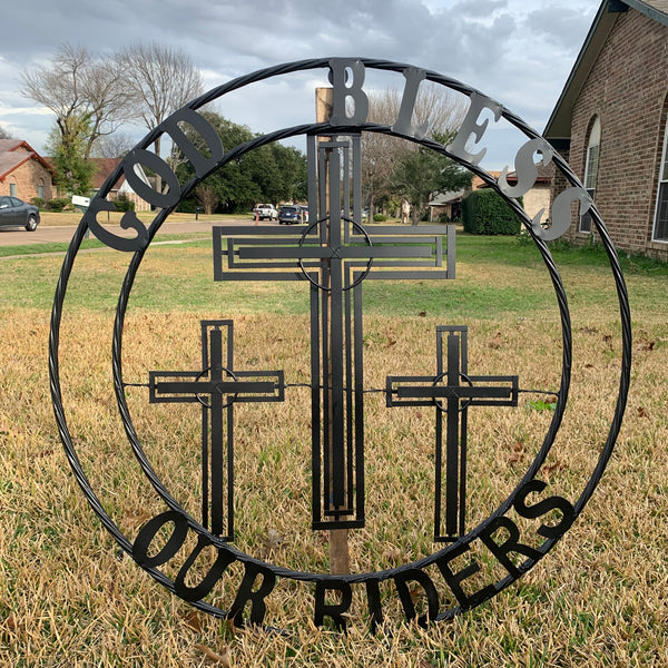 40"GOD BLESS OUR RIDERS CRUCIFIX BLACK CROSS METAL WALL ART HANDMADE