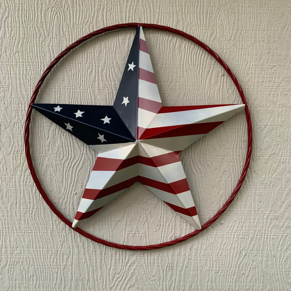 AMERICAN Flag USA Metal Barn Star RED, WHITE & BLUE WITH RED Rope Ring Western Home Decor Handmade 12",16",24",30",34",36",40",48"