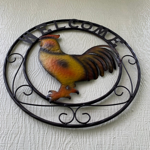 WELCOME 24" ROOSTER & METAL SCROLL STYLE WESTERN HOME DECOR HANDMADE NEW-#EH10143