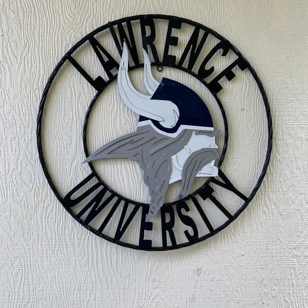 LAWRENCE UNIVERSITY METAL CUSTOM VINTAGE CRAFT WALL ART RUSTIC BLUE SILVER WHITE TEAM SIGN HANDMADE
