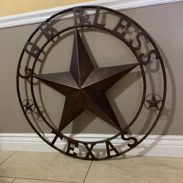 #EH10197 GOD BLESS TEXAS BARN STAR METAL LONESTAR TWISTED ROPE RING WESTERN HOME DECOR HANDMADE NEW