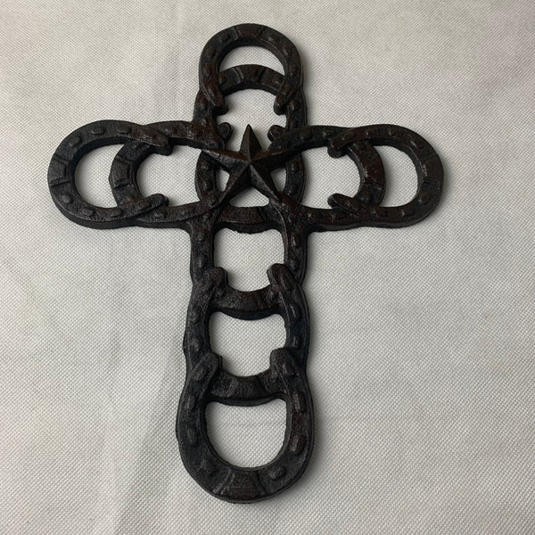 Si56369 HORSESHOES Western Cross Cast Iron Texas Star Rustic Dark Brown Wall Home Decor 10 ½ x 8 ½ inches #56369
