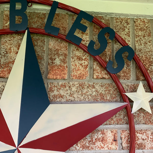 #EH10489 GOD BLESS AMERICA USA FLAG BARN STAR METAL RED WHITE BLUE WESTER HOME DECOR HANDMADE NEW