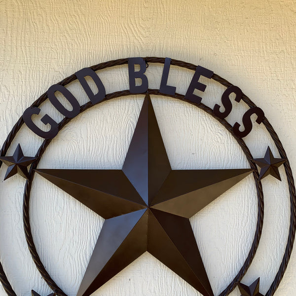 #EH11085 GOD BLESS TEXAS BROWN BARN STAR METAL LONE STAR TWISTED ROPE RING WESTERN HOME DECOR HANDMADE NEW