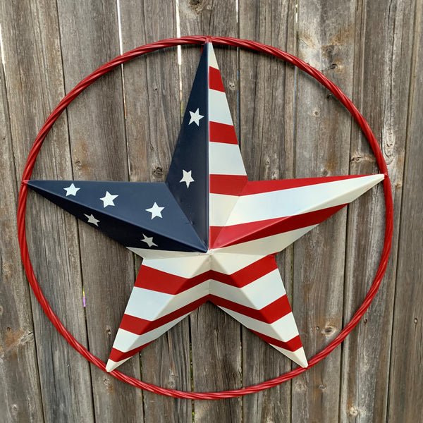 AMERICAN Flag USA Metal Barn Star RED, WHITE & BLUE WITH RED Rope Ring Western Home Decor Handmade 12",16",24",30",34",36",40",48"