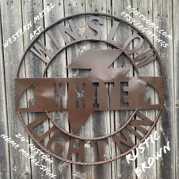 CUSTOM NAME LIGHTNIN HORSE SIGN RAW METAL BARN ROPE RING WESTERN HOME DECOR HANDMADE 24",32",36"