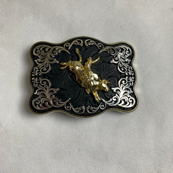 4.5" X 3.5" RODEO BELT BUCKLE BLACK SILVER & GOLD WESTERN BUCKLE FASHION ART NEW #EH12269