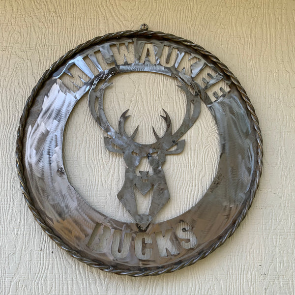 24" MILWAUKEE BUCKS RAW METAL WIDE BAND DISC STYLE METAL CUSTOM VINTAGE CRAFT TEAM SPORTS SIGN HANDMADE