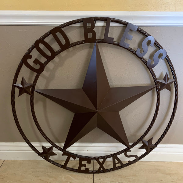 #EH11085 GOD BLESS TEXAS BROWN BARN STAR METAL LONE STAR TWISTED ROPE RING WESTERN HOME DECOR HANDMADE NEW
