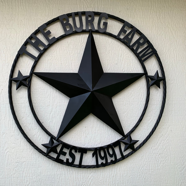 CREEKSIDE FARM STYLE YOUR CUSTOM NAME BARN BLACK STAR 3d WITH TWISTED ROPE RING DESIGN METAL WALL ART WESTERN HOME DECOR NEW HANDMADE, 24", 32", 36", 40", 44", 46", 50"