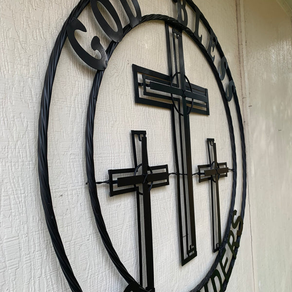 40"GOD BLESS OUR RIDERS CRUCIFIX BLACK CROSS METAL WALL ART HANDMADE