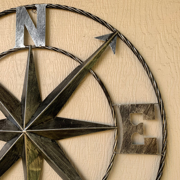 36" COMPASS GREY METAL ART WESTERN METAL ART HOME WALL DECOR RUSTIC GREY