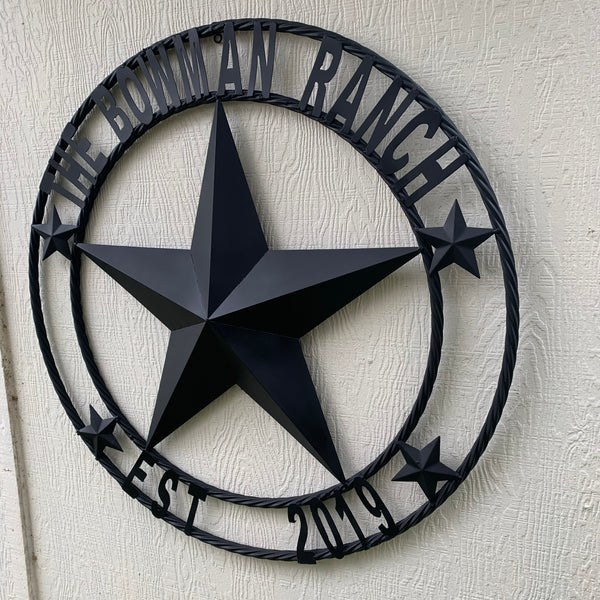 CREEKSIDE FARM STYLE YOUR CUSTOM NAME BARN BLACK STAR 3d WITH TWISTED ROPE RING DESIGN METAL WALL ART WESTERN HOME DECOR NEW HANDMADE, 24", 32", 36", 40", 44", 46", 50"