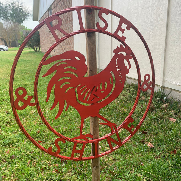 #SI_B9504 RISE & SHINE 24" RED ROOSTER CHICKEN METAL SIGN WESTERN HOME DECOR HANDMADE NEW