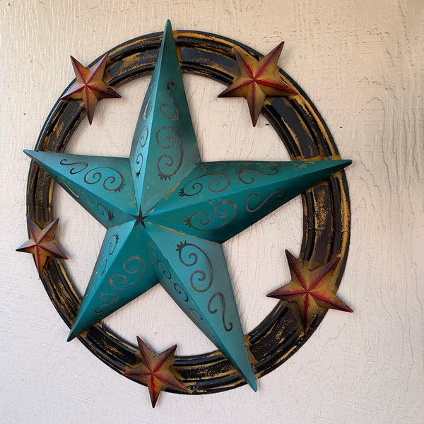 #RT5045 TURQUOISE CARVED CUT STAR 26",36", BARN METAL WESTERN HOME DECOR HANDMADE NEW