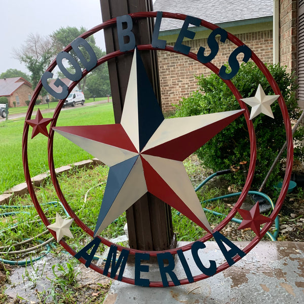 #EH10489 GOD BLESS AMERICA USA FLAG BARN STAR METAL RED WHITE BLUE WESTER HOME DECOR HANDMADE NEW