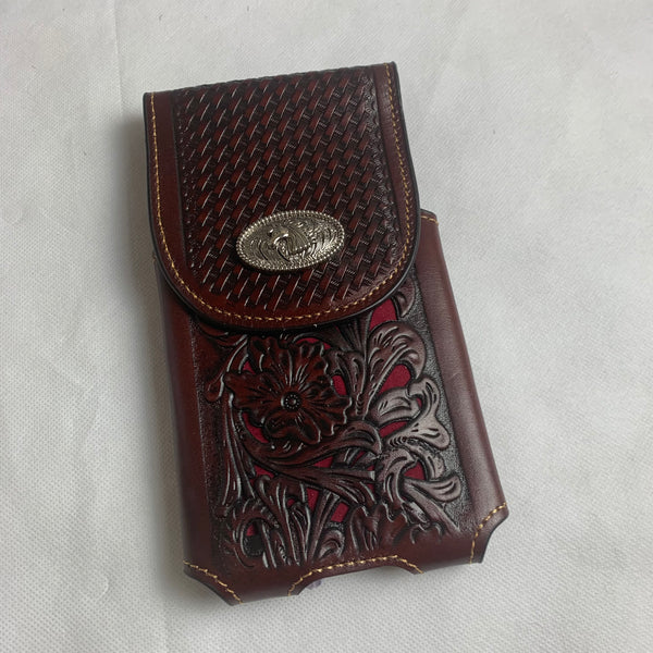 #LG2004  7.5" HORSE COFFEE BROWN & RED LEATHER POUCH EXTRA LARGE  BELT LOOP HOLSTER CELL PHONE CASE UNIVERSAL OVERSIZE