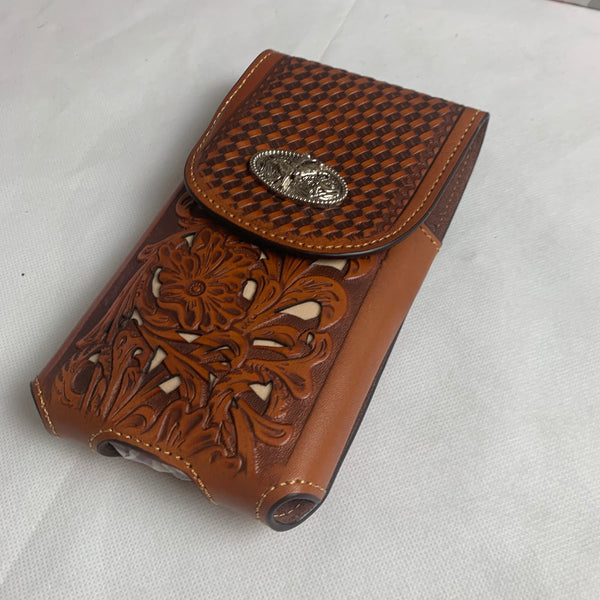 #LG2003 7.5" RODEO TAN BROWN & BEIGE LEATHER POUCH EXTRA LARGE  BELT LOOP HOLSTER CELL PHONE CASE UNIVERSAL OVERSIZE