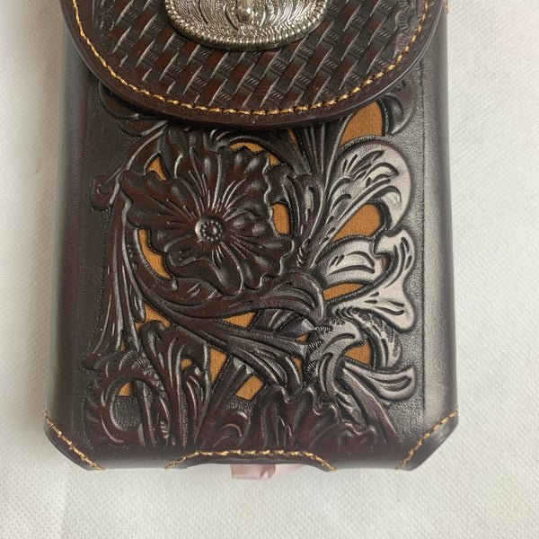#LG2002 7.5" LONGHORN COFFEE BROWN & BEIGE  LEATHER POUCH EXTRA LARGE  BELT LOOP HOLSTER CELL PHONE CASE UNIVERSAL OVERSIZE