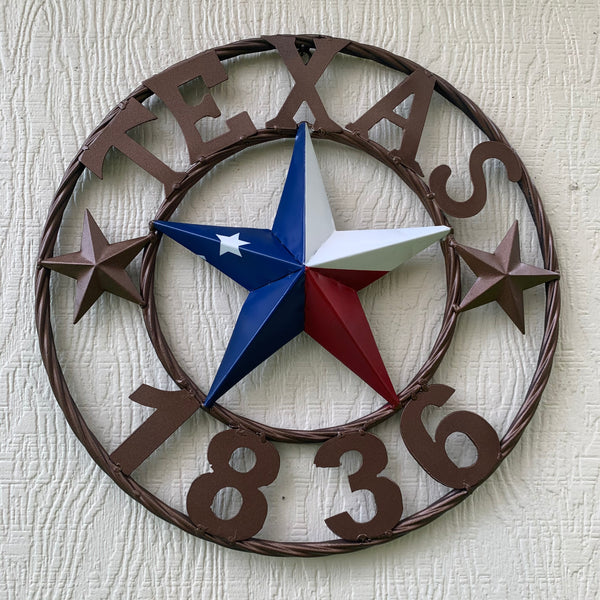 16" TEXAS 1836 RED WHITE BLUE TEXAS FLAG STAR BRONZE RING METAL BARN STAR WESTERN HOME DECOR HANDMADE NEW ART