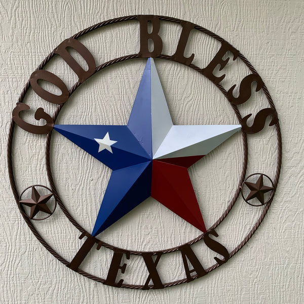 GOD BLESS TEXAS RED WHITE BLUE BARN METAL STAR BRONZE TWISTED ROPE RING WALL ART WESTERN HOME DECOR HANDMADE