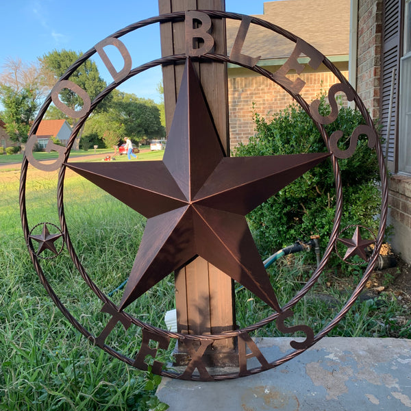 #EH10197 GOD BLESS TEXAS BARN STAR METAL LONESTAR TWISTED ROPE RING WESTERN HOME DECOR HANDMADE NEW