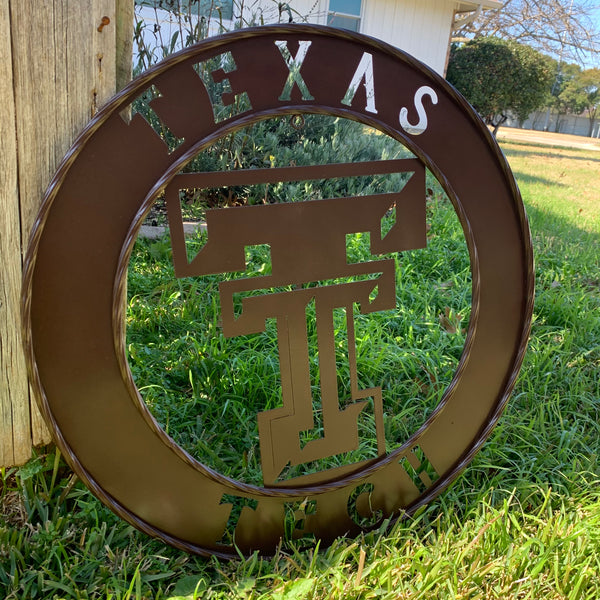 12", 18", 24", 32" TEXAS TECH BROWN WIDE BAND DISC RING CUSTOM METAL VINTAGE CRAFT SIGN HANDMADE TO ORDER