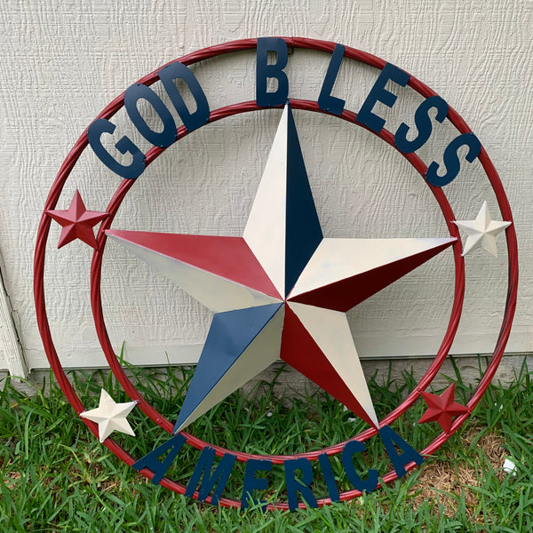 #EH10489 GOD BLESS AMERICA USA FLAG BARN STAR METAL RED WHITE BLUE WESTER HOME DECOR HANDMADE NEW