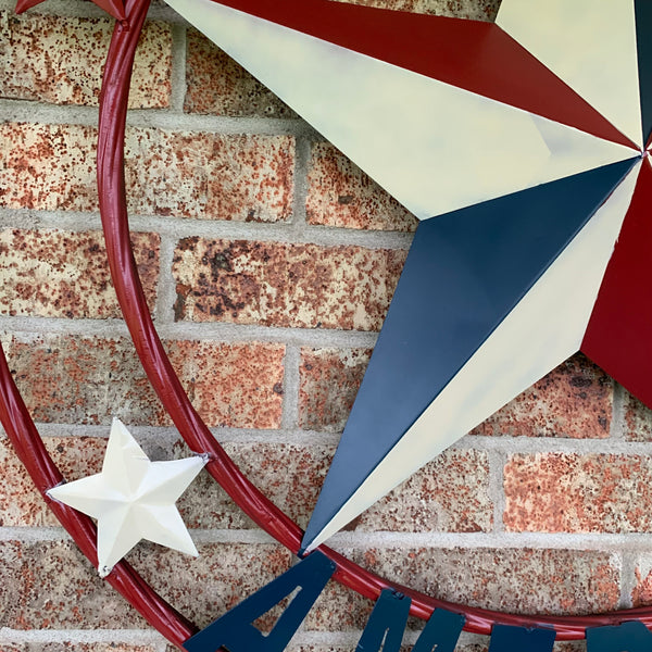 #EH10489 GOD BLESS AMERICA USA FLAG BARN STAR METAL RED WHITE BLUE WESTER HOME DECOR HANDMADE NEW